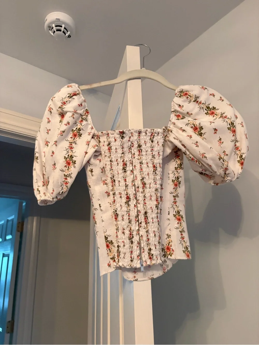Reformation White Puff-Sleeve Floral Square-Neck Top